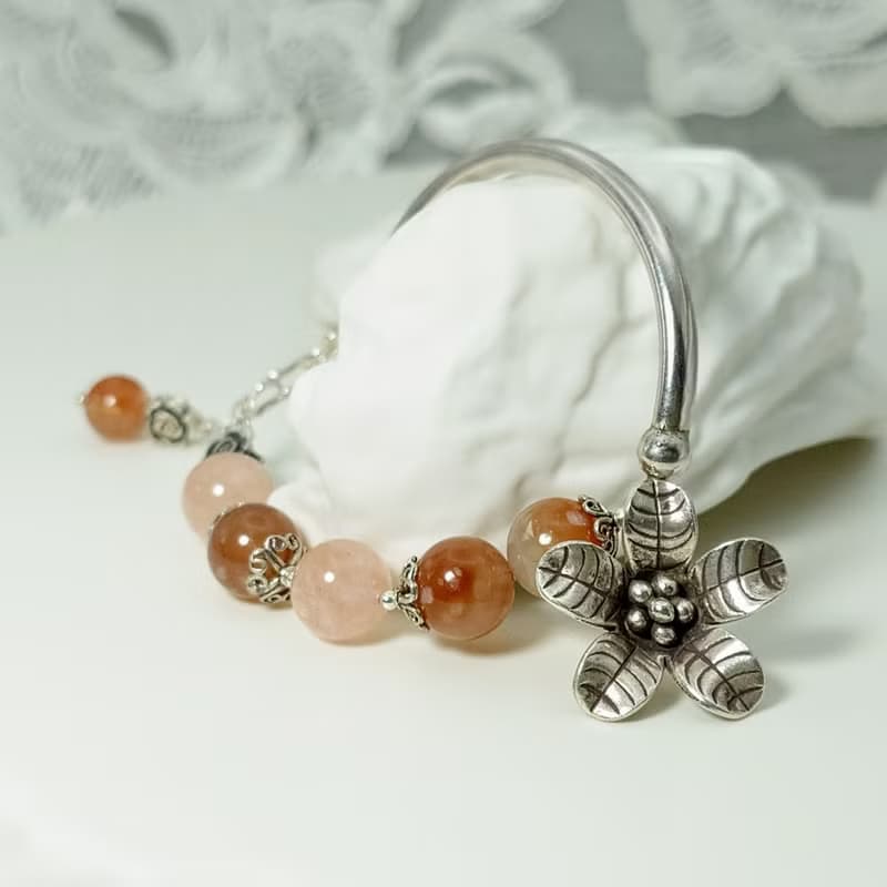 手鍊 摩根石 櫻花瑪瑙 紅兔毛水晶 925銀飾 手環 鍛敲 立體銀花