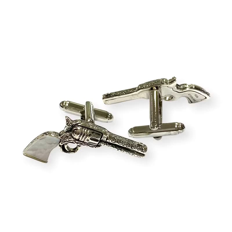 Victorian Style Revolver Mother of Pearl Cufflinks 925 Sterling Silver Mens Gift