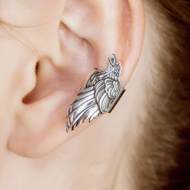 Raven ear cuff silver, craw ear bone earring