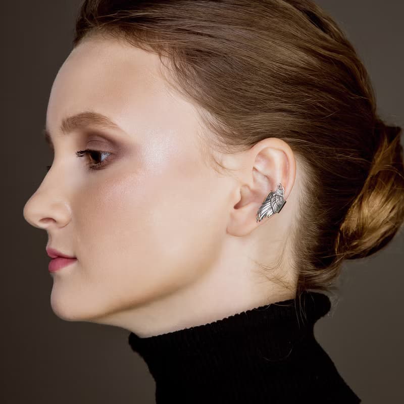 Raven ear cuff silver, craw ear bone earring