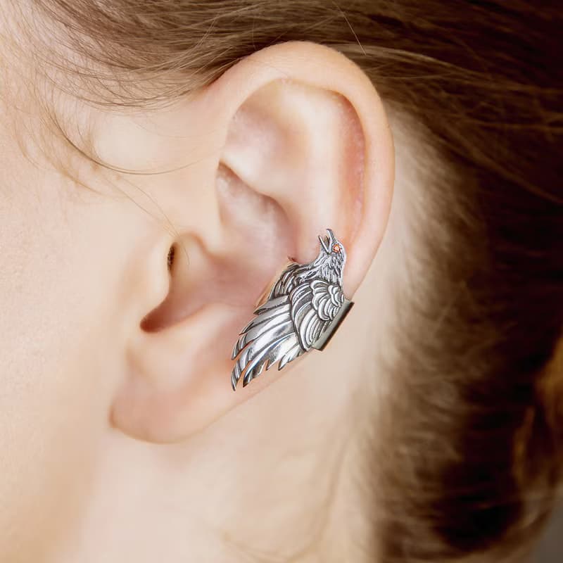 Raven ear cuff silver, craw ear bone earring