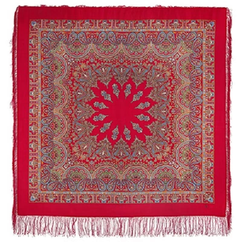 Pavlovo Posad Russian Shawl 100% Wool Scarf 125x125 cm Wrap Silk Fringe 1581-5