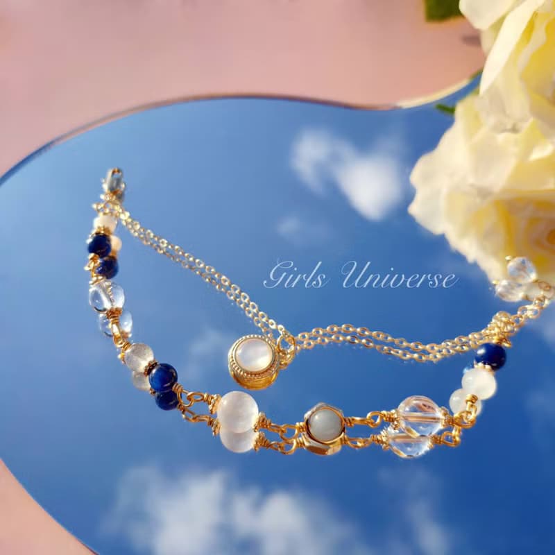 青瓷。透石膏 藍晶石 白水晶 14K包金 水晶礦石設計手鍊