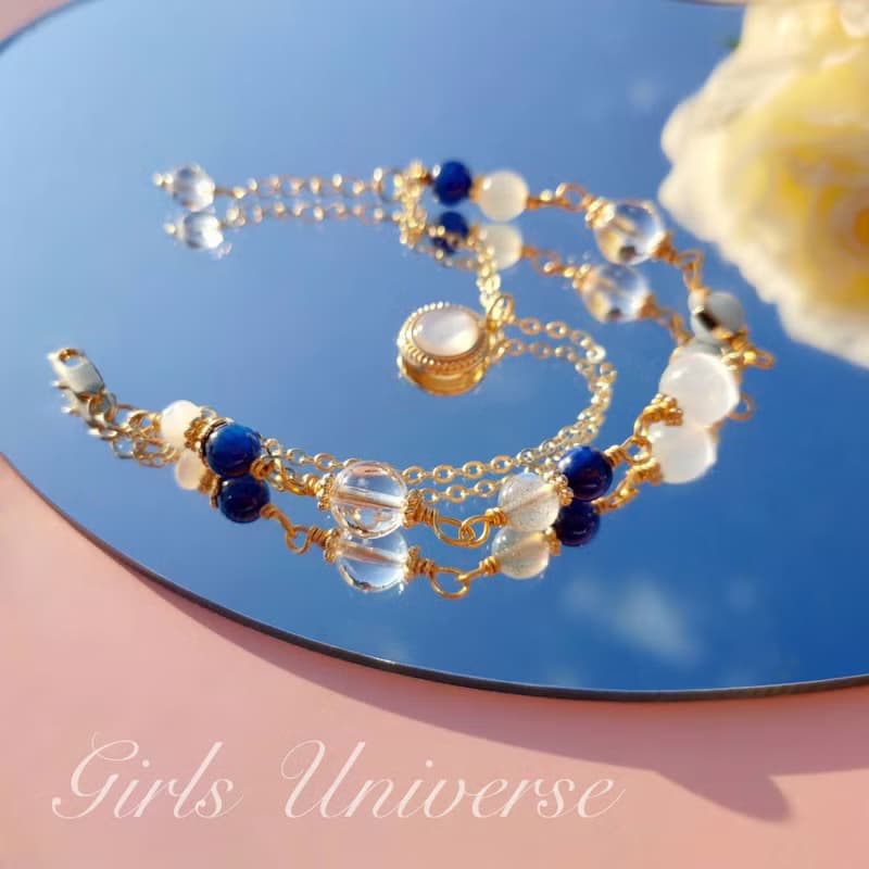 青瓷。透石膏 藍晶石 白水晶 14K包金 水晶礦石設計手鍊