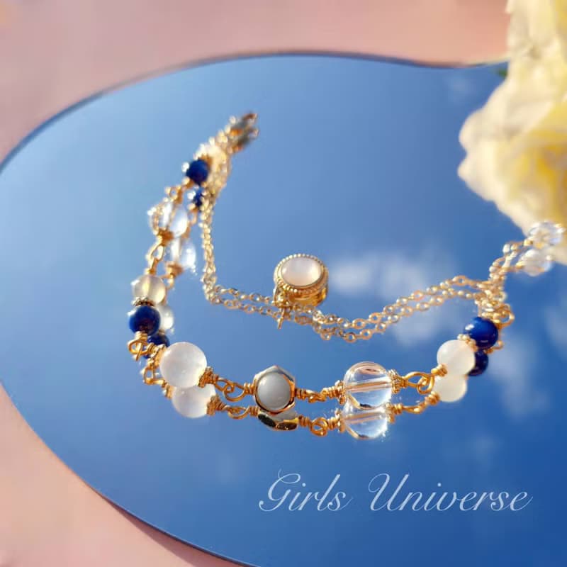 青瓷。透石膏 藍晶石 白水晶 14K包金 水晶礦石設計手鍊