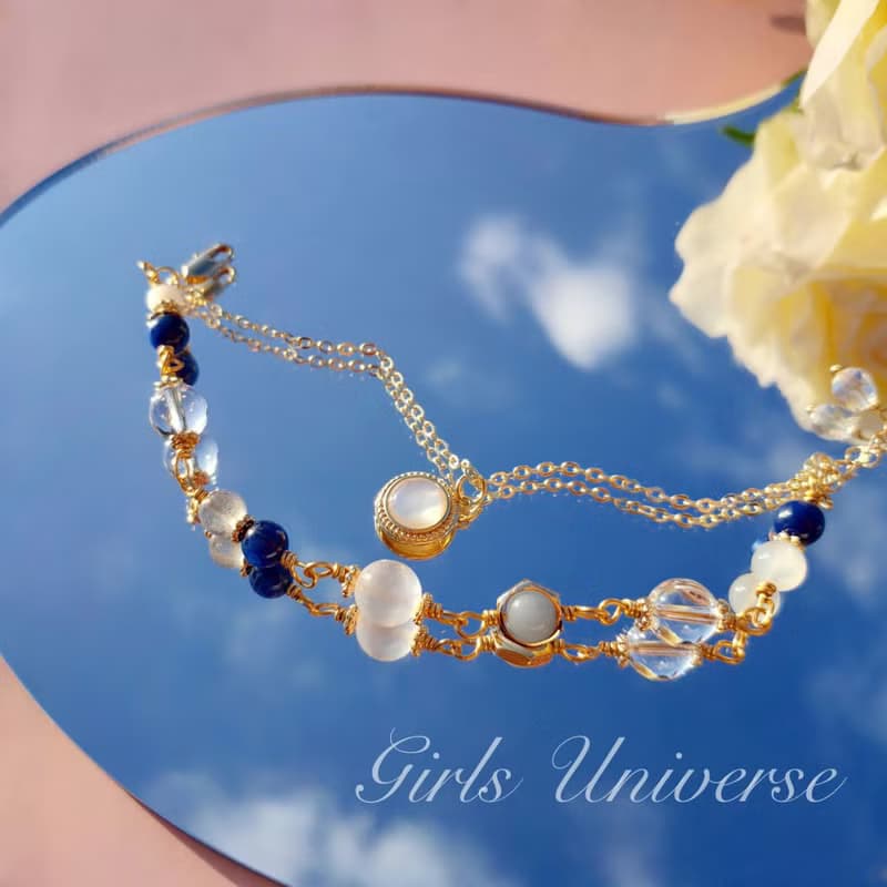 青瓷。透石膏 藍晶石 白水晶 14K包金 水晶礦石設計手鍊