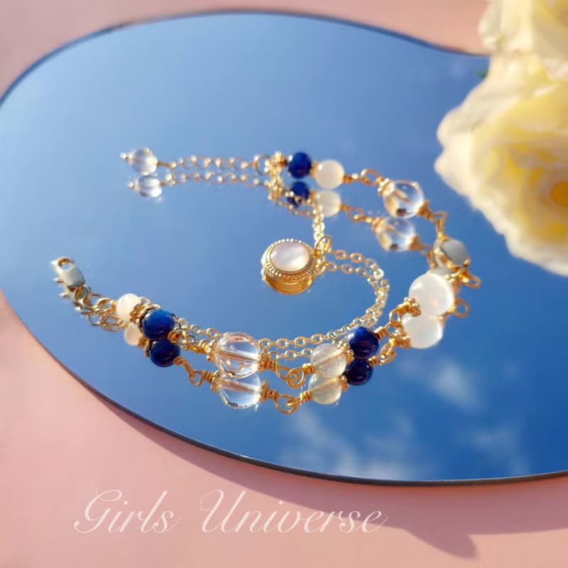 青瓷。透石膏 藍晶石 白水晶 14K包金 水晶礦石設計手鍊