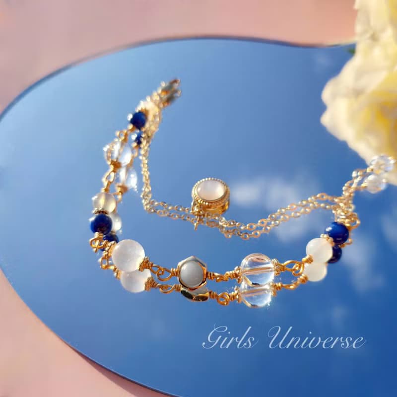 青瓷。透石膏 藍晶石 白水晶 14K包金 水晶礦石設計手鍊