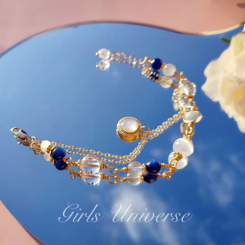 青瓷。透石膏 藍晶石 白水晶 14K包金 水晶礦石設計手鍊