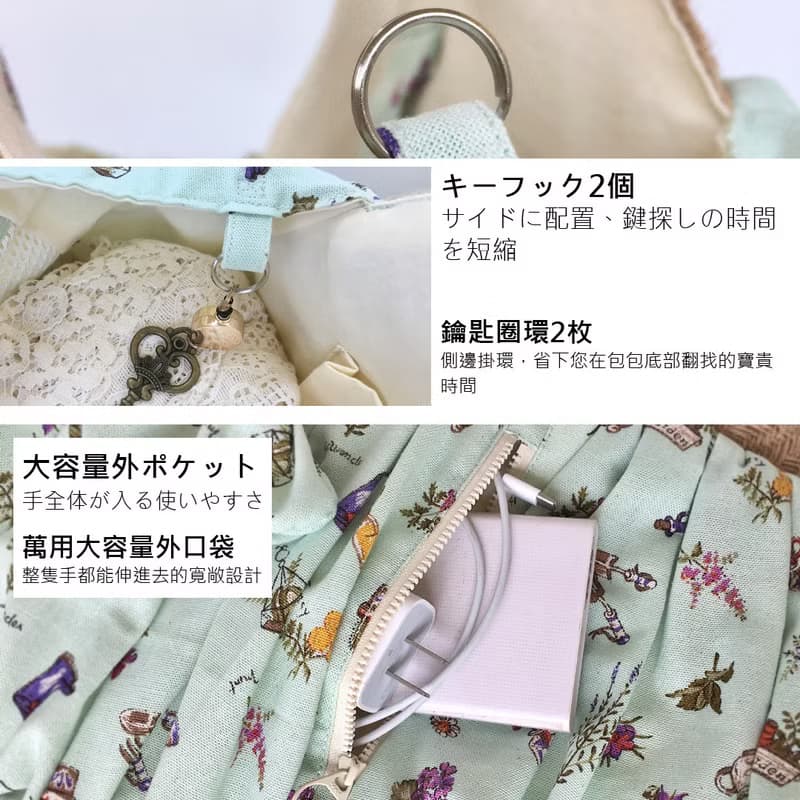 貝殼型竹節手提袋 肩背後背 大容量購物袋 日本薄荷綠花園布