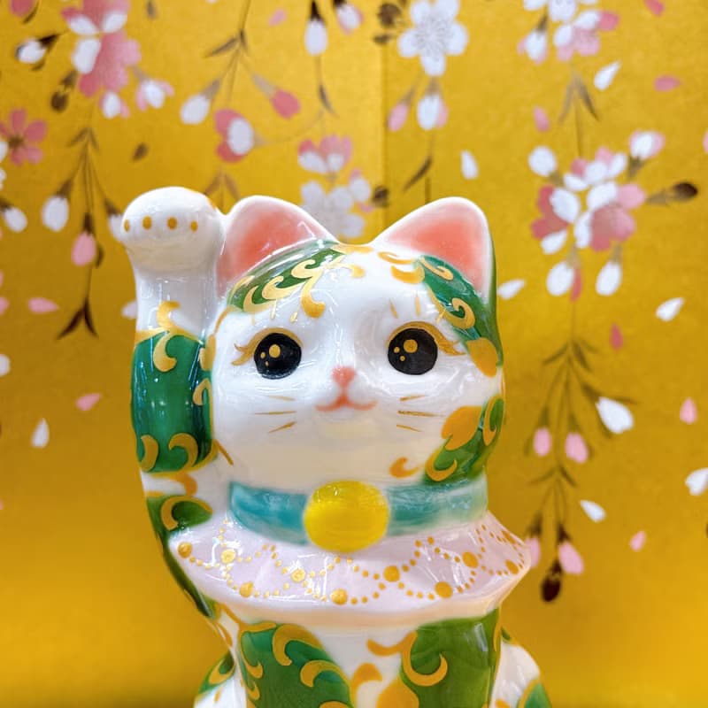 【唐草聚福】日本清水燒招財貓 | 色繪 - 白地  唐草