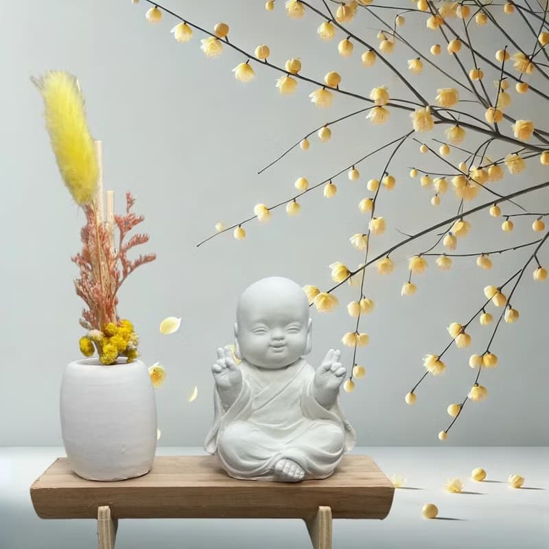 文青簡約風 淨念吉祥之一笑小佛 原木底座系列 搭配永生花擴香瓶
