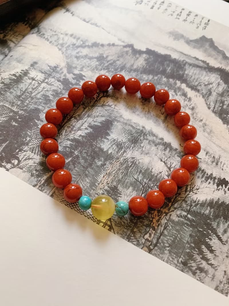 推窗見歡。天然川料南紅瑪瑙朱紅手鏈 金絞蜜 綠松石 復古風手串