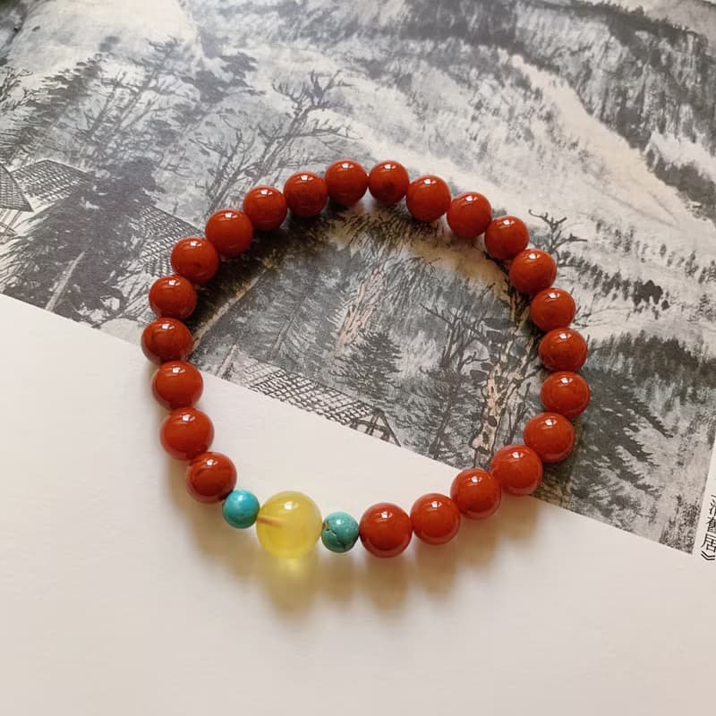 推窗見歡。天然川料南紅瑪瑙朱紅手鏈 金絞蜜 綠松石 復古風手串
