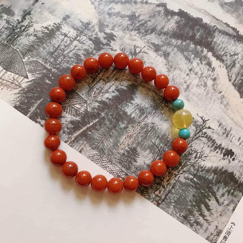 推窗見歡。天然川料南紅瑪瑙朱紅手鏈 金絞蜜 綠松石 復古風手串