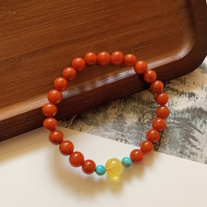 推窗見歡。天然川料南紅瑪瑙朱紅手鏈 金絞蜜 綠松石 復古風手串
