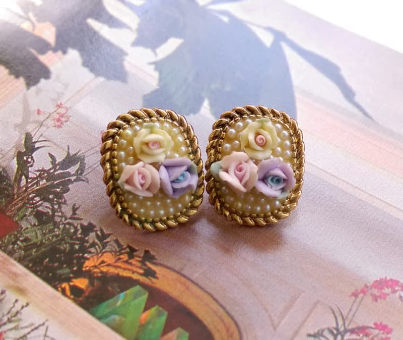 Vintage Jewelry 西洋古董飾品 1928 優美玫瑰 種子仿珠 針式耳環