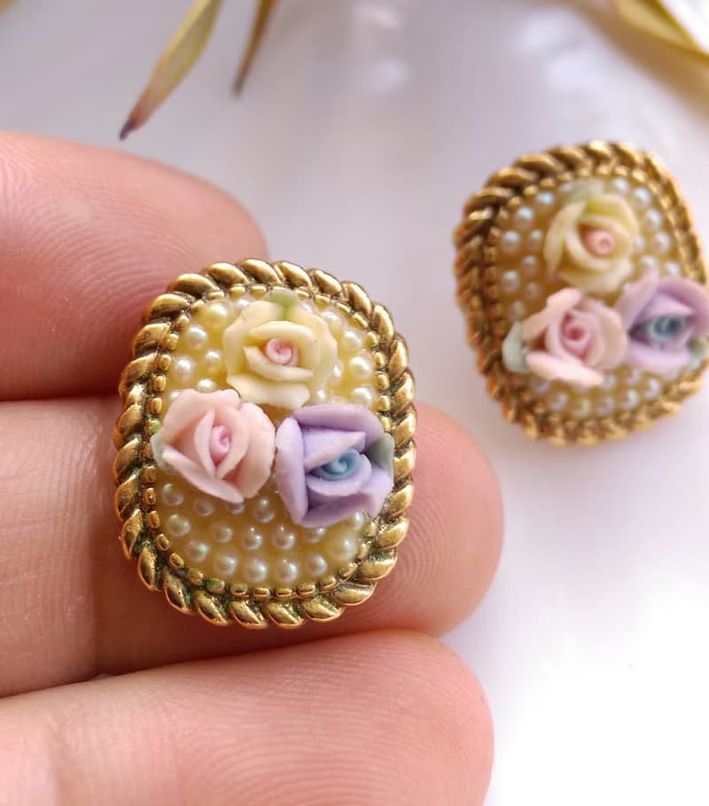 Vintage Jewelry 西洋古董飾品 1928 優美玫瑰 種子仿珠 針式耳環