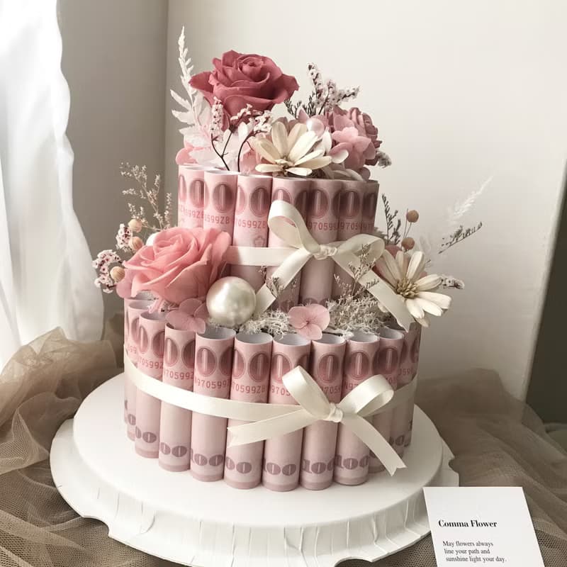情人節有錢花兩層蛋糕 永生花鈔票 母親節父親節生日週年開幕禮物