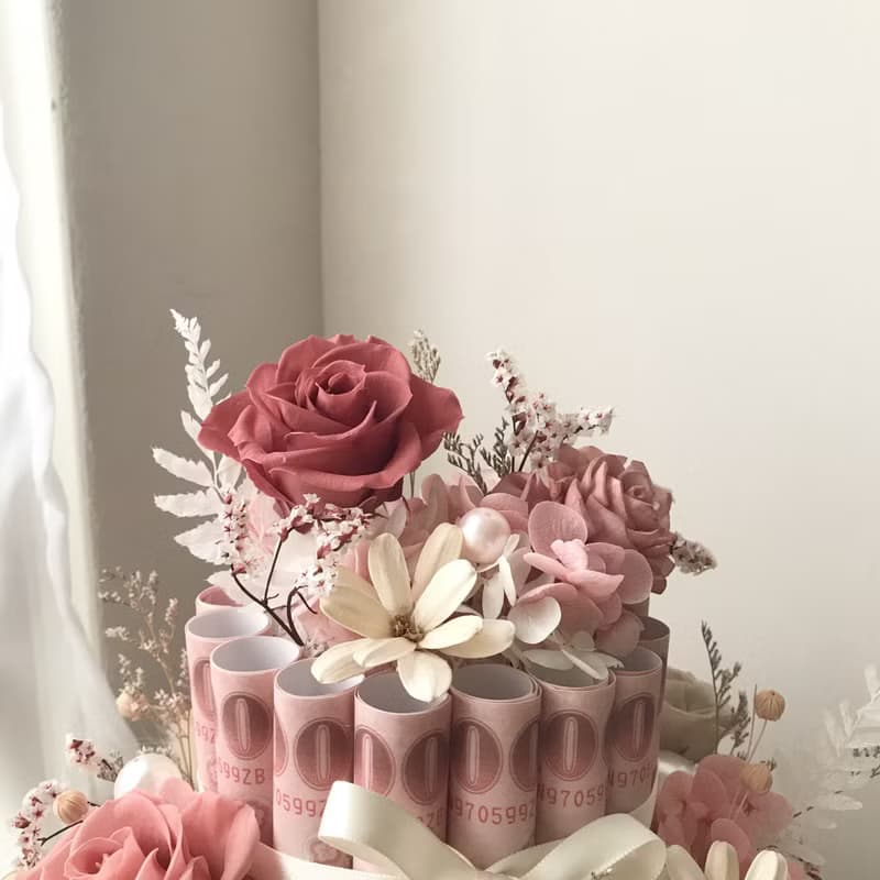 情人節有錢花兩層蛋糕 永生花鈔票 母親節父親節生日週年開幕禮物
