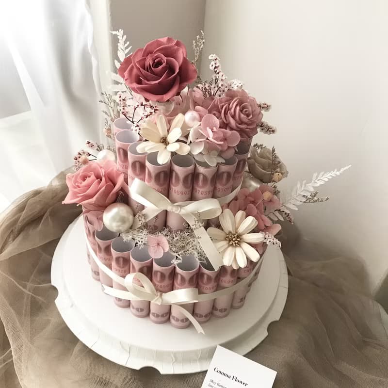 情人節有錢花兩層蛋糕 永生花鈔票 母親節父親節生日週年開幕禮物