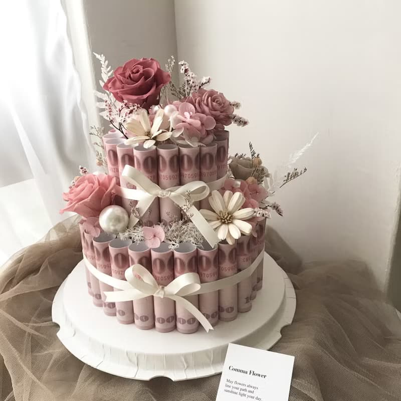 情人節有錢花兩層蛋糕 永生花鈔票 母親節父親節生日週年開幕禮物