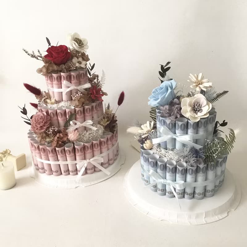 情人節有錢花兩層蛋糕 永生花鈔票 母親節父親節生日週年開幕禮物