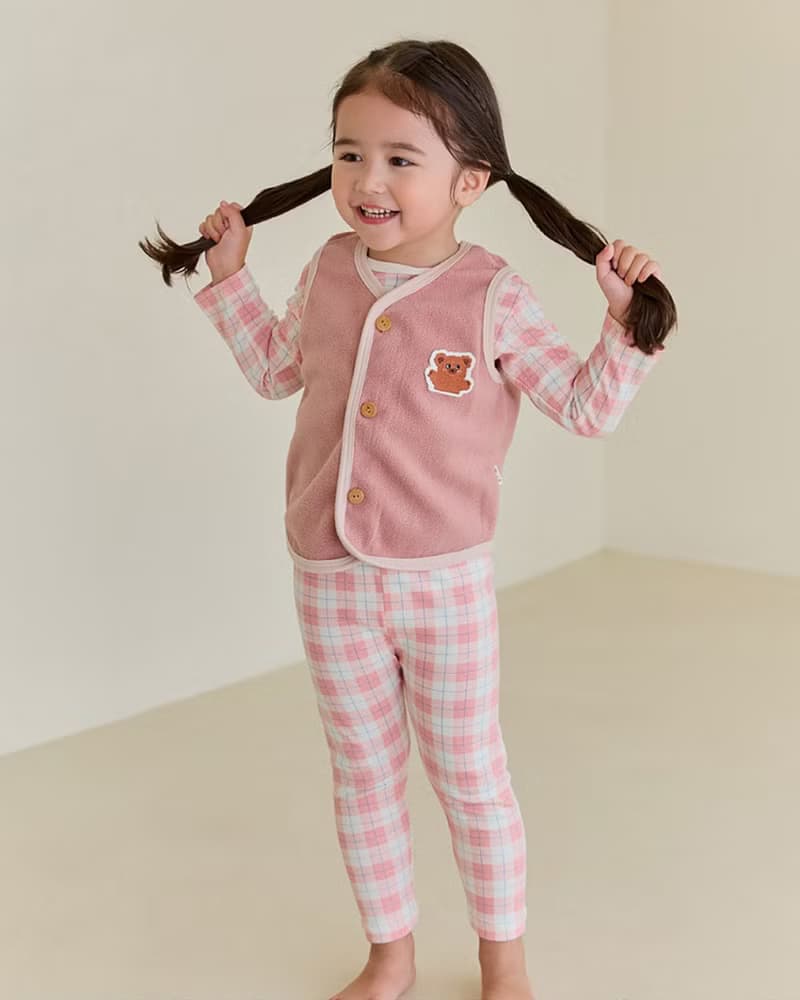 格紋桃紅愛心-舒棉雲柔衣長袖韓國童裝-K52609