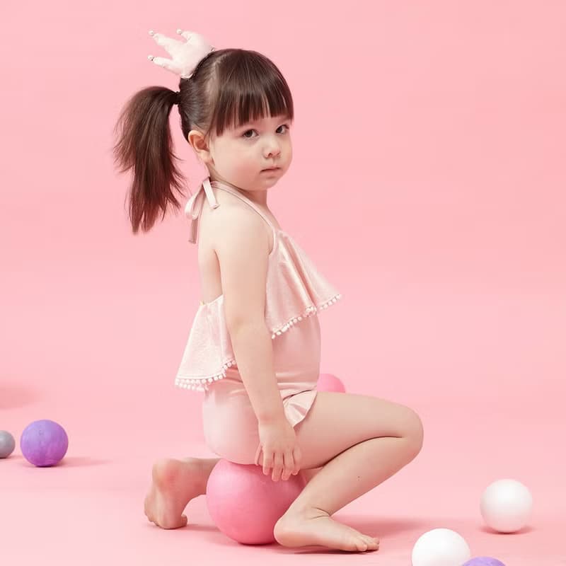 Ángeles-荷葉後綁帶連身泳裝+造型泳帽
