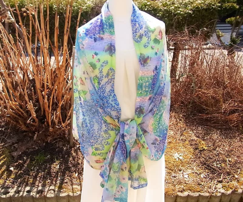 【Beautiful fountain &flower-colored butterflies】シフォン　ストール　スカーフ　母の日　誕生日プレゼント