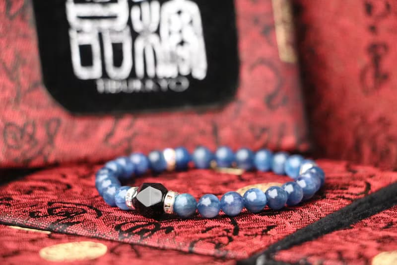 精品藍晶石手珠 6mm 多切面黑曜石隔珠 手鍊 母親節禮物 飾品設計