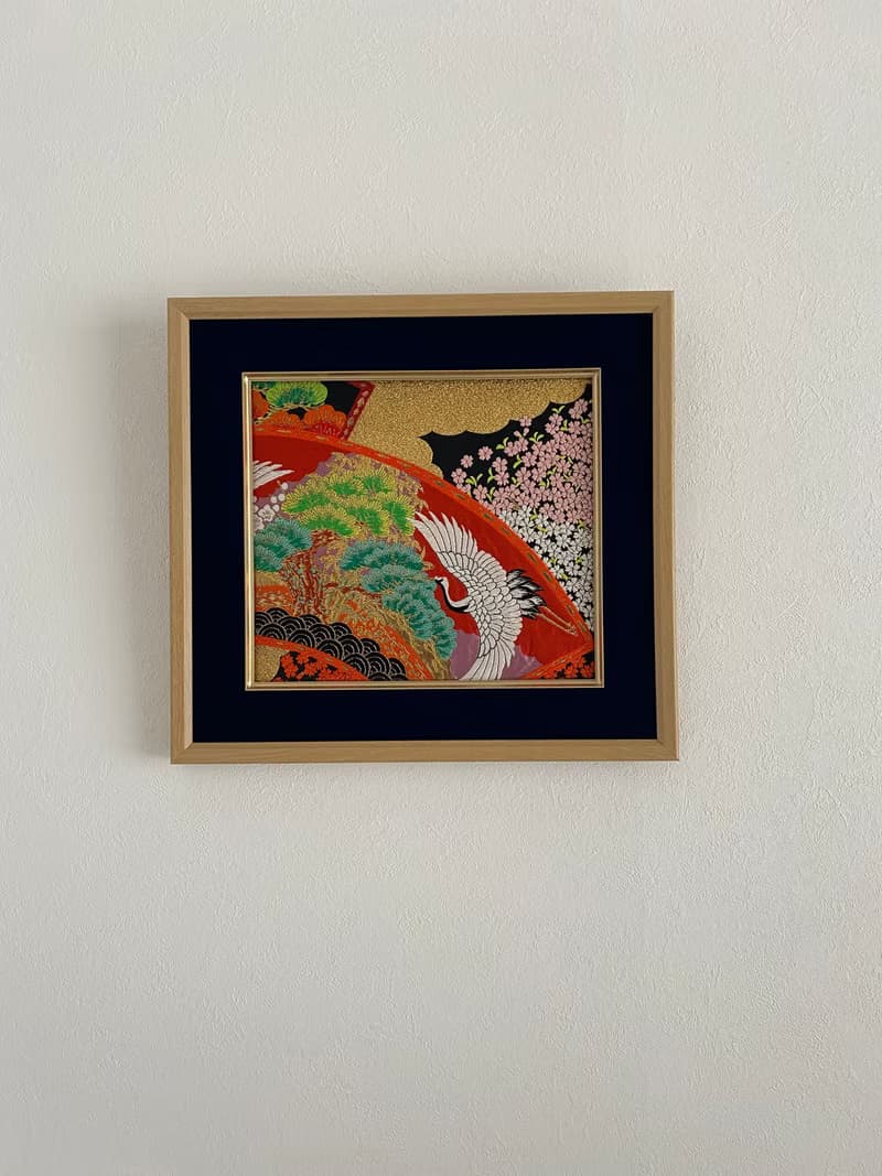 きものからつくるアートパネル　034　縁起物　壁掛け　絵画　1点もの　松　鶴