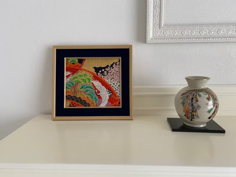 きものからつくるアートパネル　034　縁起物　壁掛け　絵画　1点もの　松　鶴
