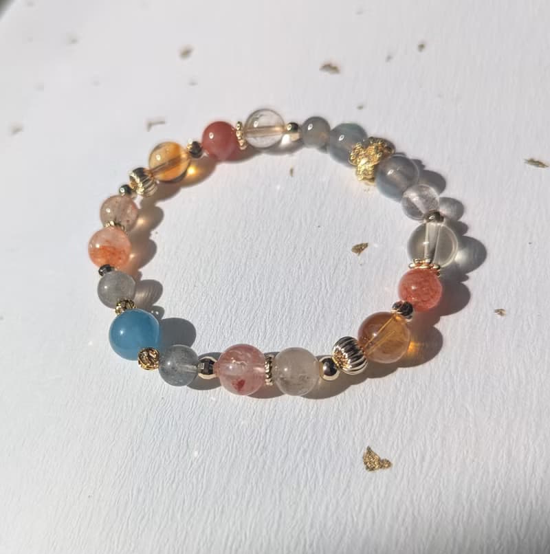海藍寶x拉長石x紅膠花x黃水晶x阿魯沙 設計手鍊【8mm】