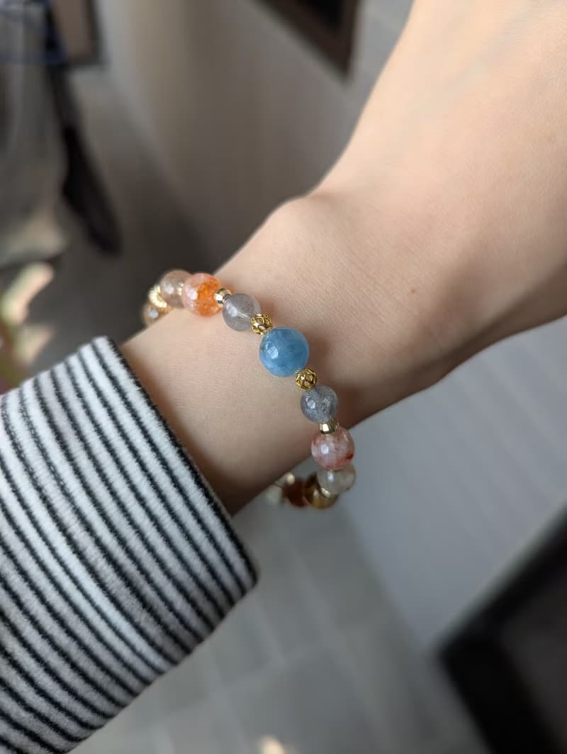 海藍寶x拉長石x紅膠花x黃水晶x阿魯沙 設計手鍊【8mm】