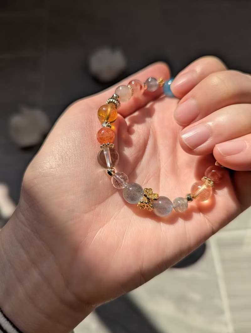 海藍寶x拉長石x紅膠花x黃水晶x阿魯沙 設計手鍊【8mm】