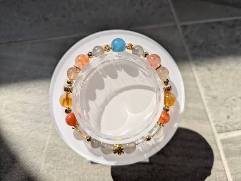 海藍寶x拉長石x紅膠花x黃水晶x阿魯沙 設計手鍊【8mm】