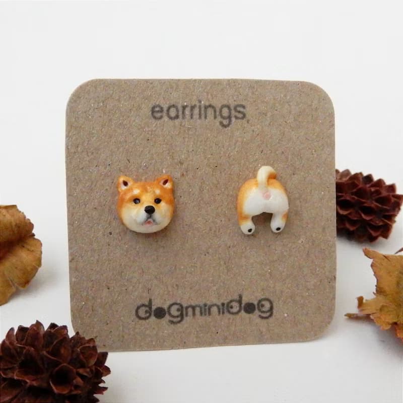 Shiba Inu earrings with papercraft box for dog lovers.