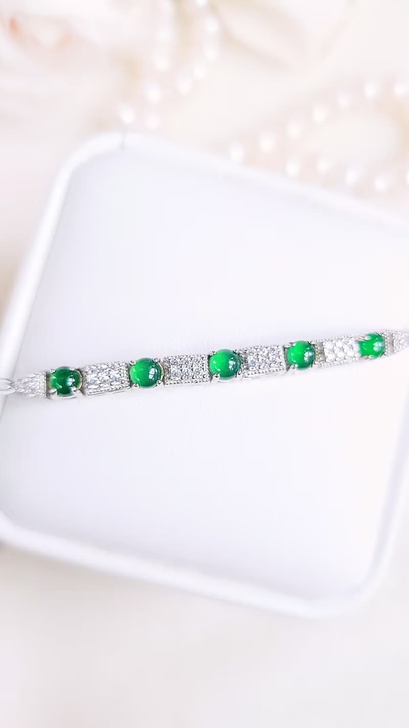 |財祿|a貨翡翠冰玻飽滿陽綠蛋面3.8mm純銀鍍18k低調奢華手鏈