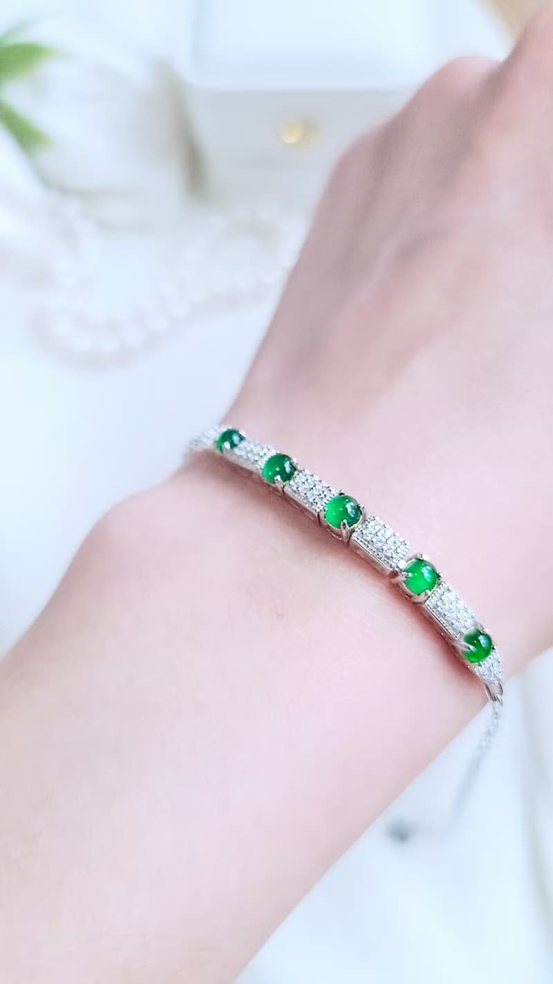 |財祿|a貨翡翠冰玻飽滿陽綠蛋面3.8mm純銀鍍18k低調奢華手鏈