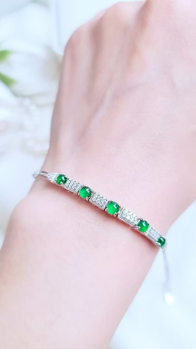 |財祿|a貨翡翠冰玻飽滿陽綠蛋面3.8mm純銀鍍18k低調奢華手鏈