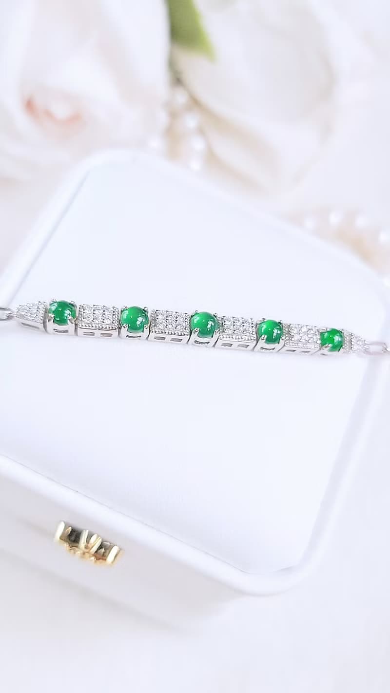 |財祿|a貨翡翠冰玻飽滿陽綠蛋面3.8mm純銀鍍18k低調奢華手鏈