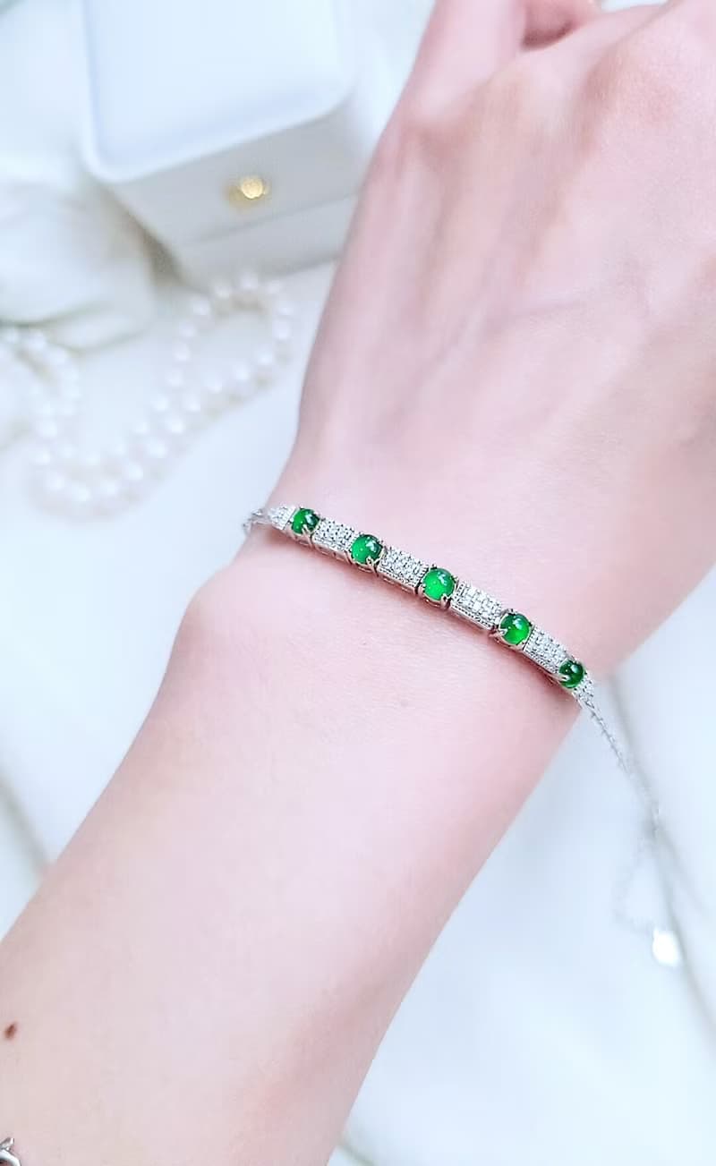 |財祿|a貨翡翠冰玻飽滿陽綠蛋面3.8mm純銀鍍18k低調奢華手鏈