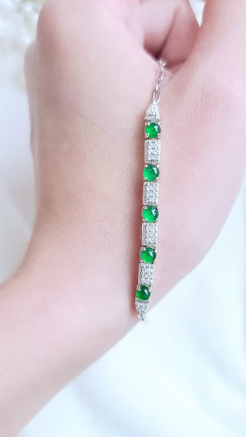 |財祿|a貨翡翠冰玻飽滿陽綠蛋面3.8mm純銀鍍18k低調奢華手鏈