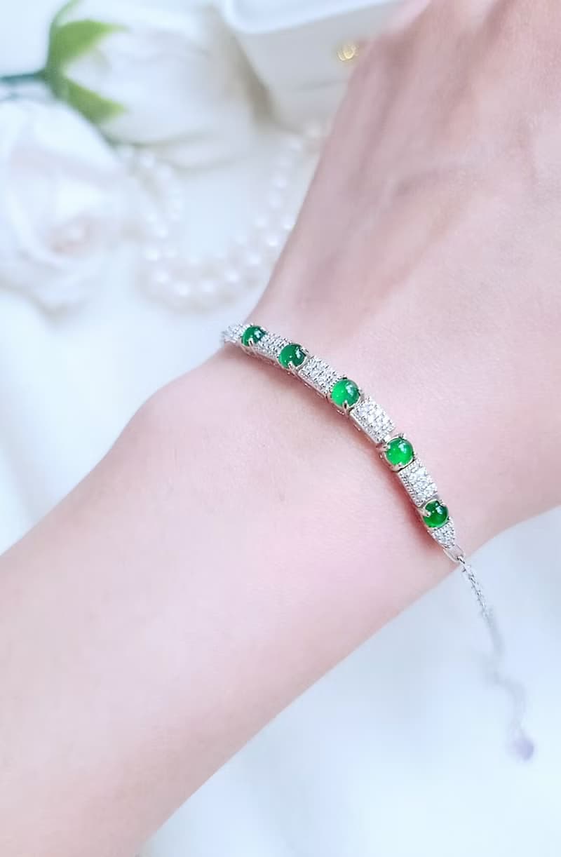 |財祿|a貨翡翠冰玻飽滿陽綠蛋面3.8mm純銀鍍18k低調奢華手鏈