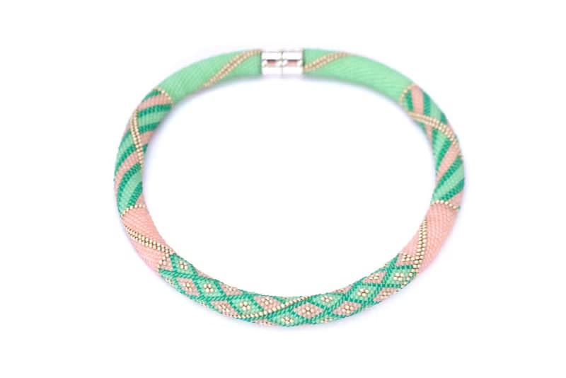 Seed Bead Necklace Bead Crocheted Necklace Pink Green Beaded Choker Gift For Her