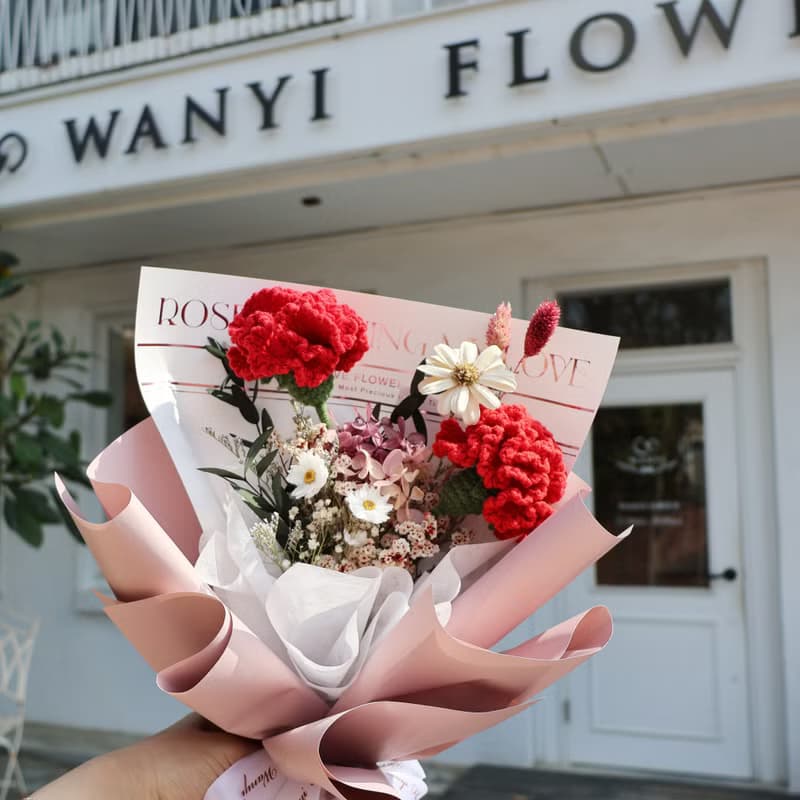 編織康乃馨法式字母康乃馨花束+透明櫥窗提袋組 母親節花束 禮物