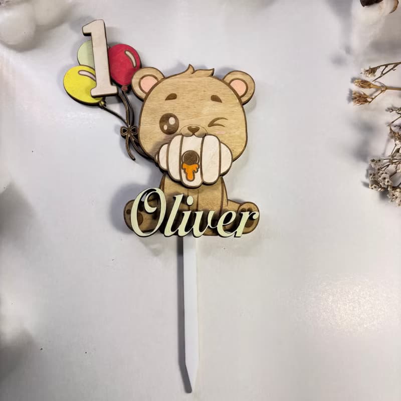 Bear Wood Custom Cake Topper - Hand Painted Birthday Keepsake - Custom Name