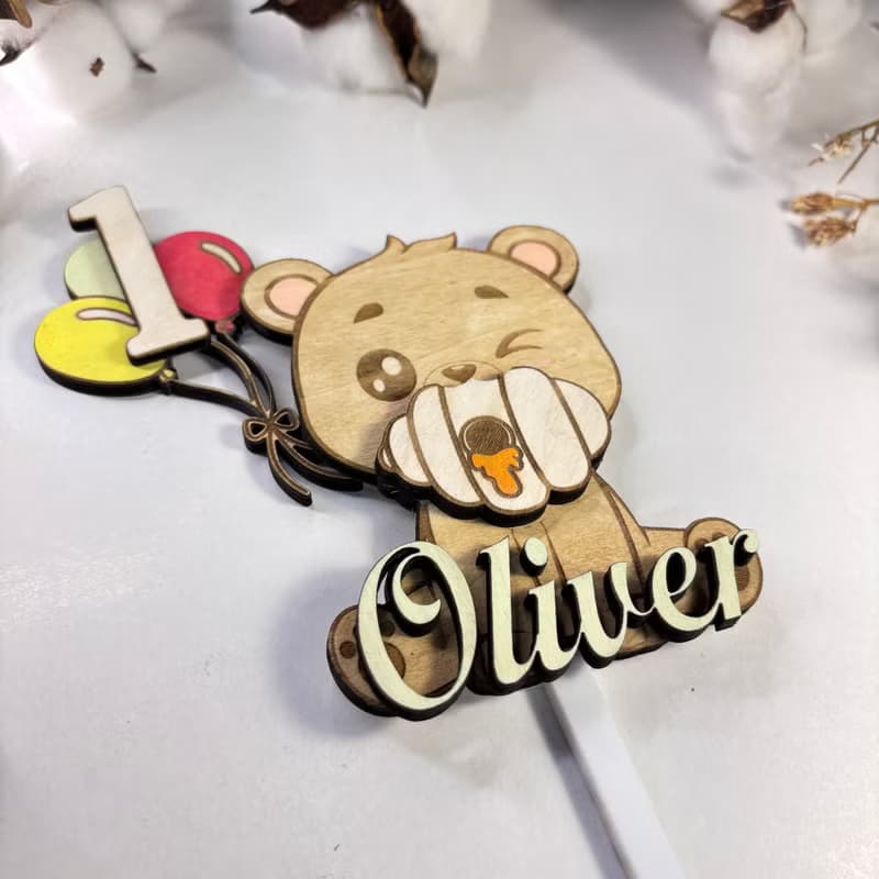 Bear Wood Custom Cake Topper - Hand Painted Birthday Keepsake - Custom Name