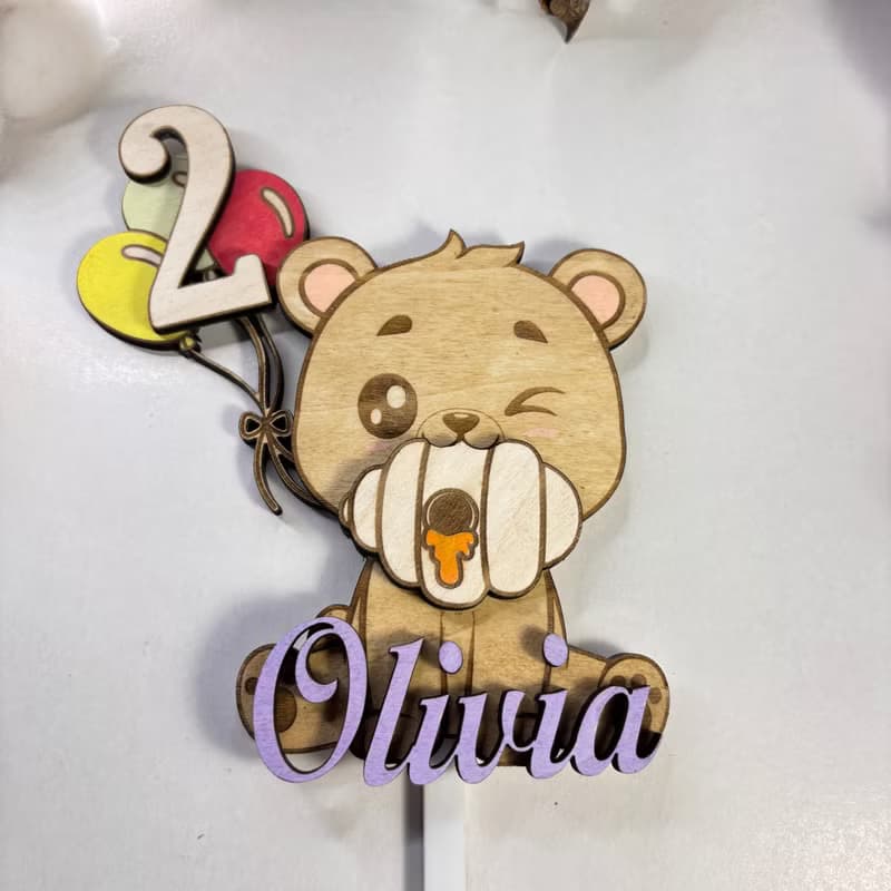 Bear Wood Custom Cake Topper - Hand Painted Birthday Keepsake - Custom Name